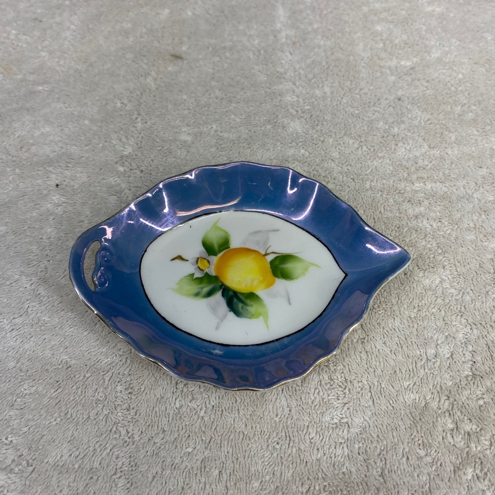 Noritake Hand Painted Lemon Trinket Dish Blue Lusterware Scalloped Leaf Japan